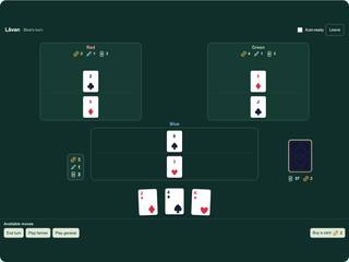 A clean three-player Låven table with a small hand of cards and simple move buttons